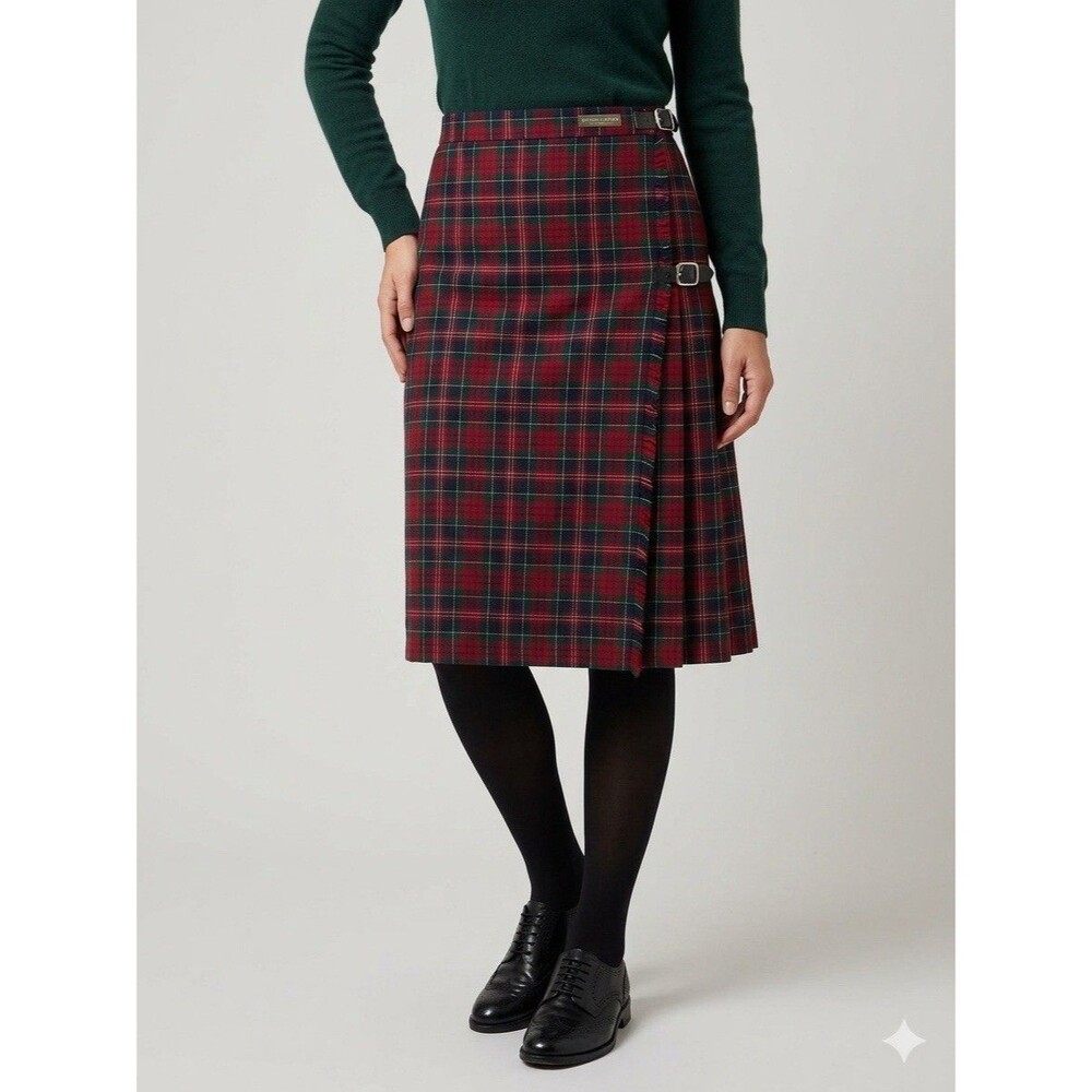 Lady Halarin wool Tartan Plaid Kilt Skirt Sz 14 Buckle Pleated Wrap Scottish Vtg